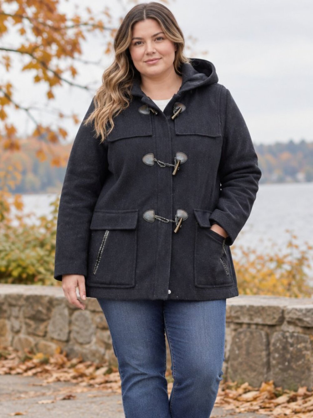 Tommy Hilfiger Hooded Wool Coat Womens Large Black Winter Jacket